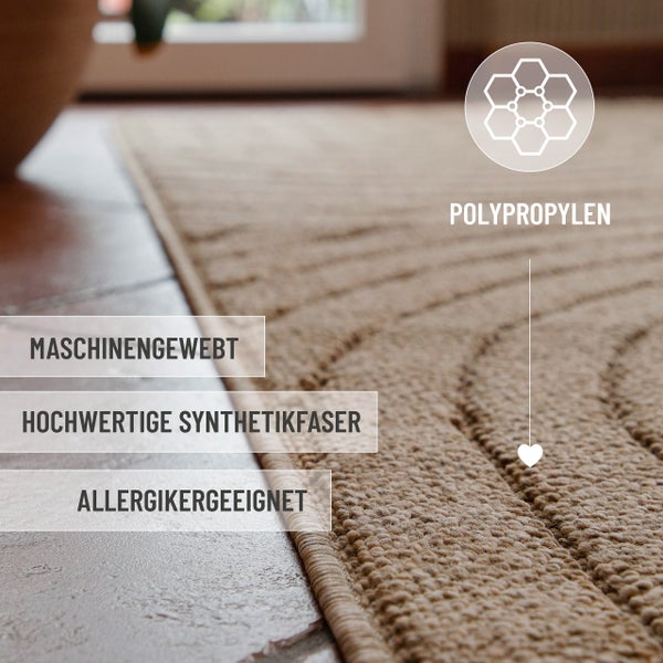 Maschinengewebter Teppich aus Polypropylen, hochwertige Synthetikfaser, für Allergiker geeignet.