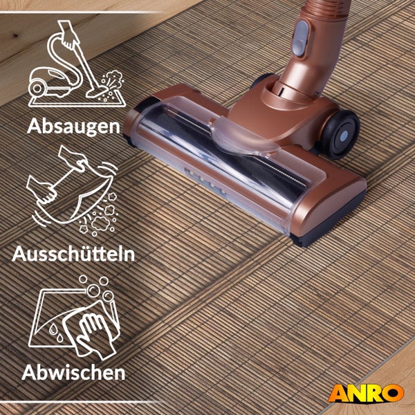 Staubsaugerdüse auf strukturierter Bodenmatte mit Symbolen für Absaugen, Ausschütteln und Abwischen. ANRO Logo.