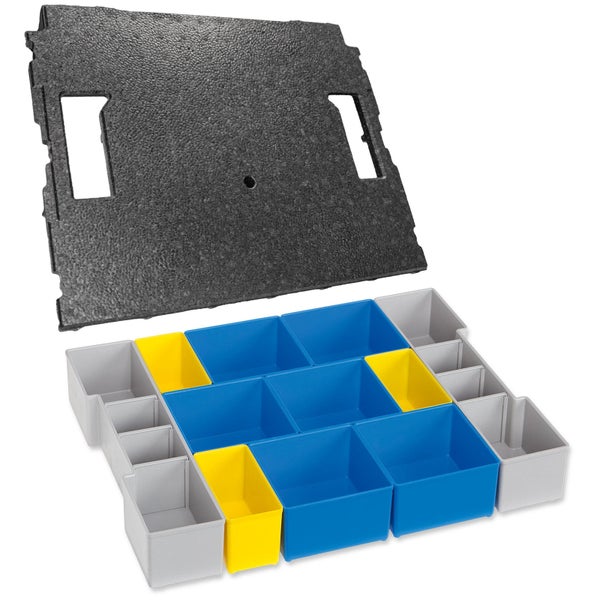 Organizer-Set für Werkzeugkoffer mit bunten Einsatzboxen aus Kunststoff und einer Deckeleinlage aus schwarzem Schaumstoff.