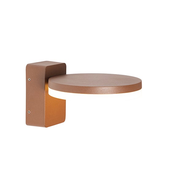 Moderne LED Außenwandleuchte mit kreisförmigem, flachem Kopf in Rostbraun.