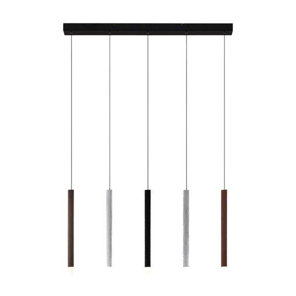Moderne fünfflammige Pendelleuchte mit schmalen, zylindrischen Schirmen an einem schwarzen Deckenbalken.