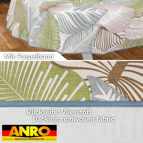 Tischdecke mit Blätterdessin, Paspelband und Vliesstoffrückseite