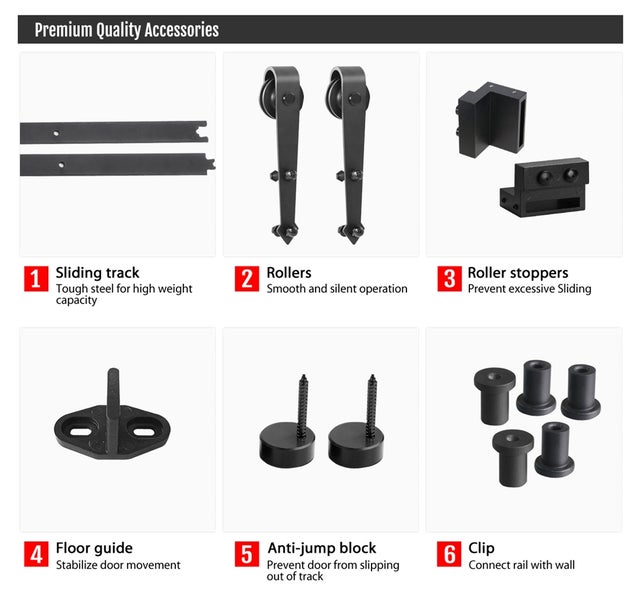 Premium Zubehör für Schiebetüren: Schiene, Rollen, Stopper, Bodenführung, Block und Clip zur Wandbefestigung.