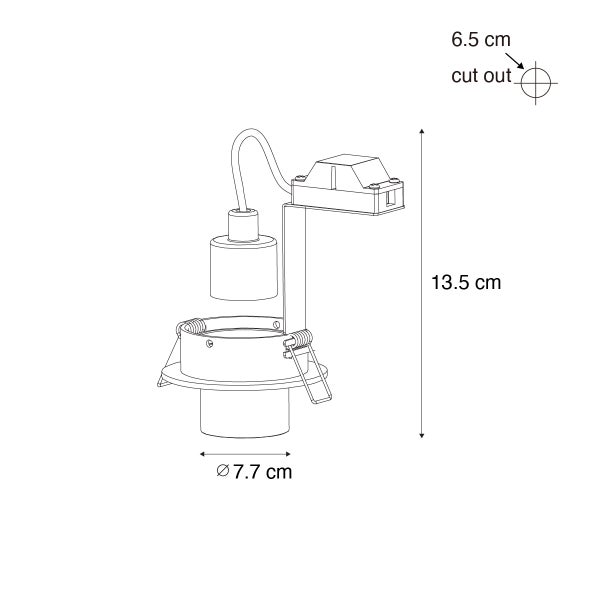 Technische Zeichnung eines Einbaustrahlers mit Maßen: Höhe 13,5 Zentimeter, Außendurchmesser 7,7 Zentimeter und Lochausschnitt 6,5 Zentimeter.