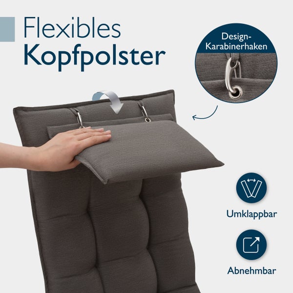 Flexibles Kopfpolster mit Designkarabinerhaken, umklappbar und abnehmbar.