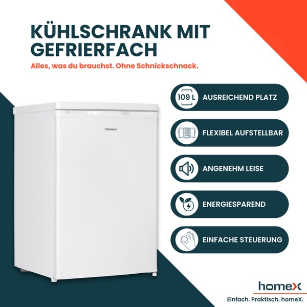 homeX Kühlschrank mit Gefrierfach klein Mini Kühl-Gefrierkombination 109 Liter freistehend 4-Sterne Gefrieren weiß