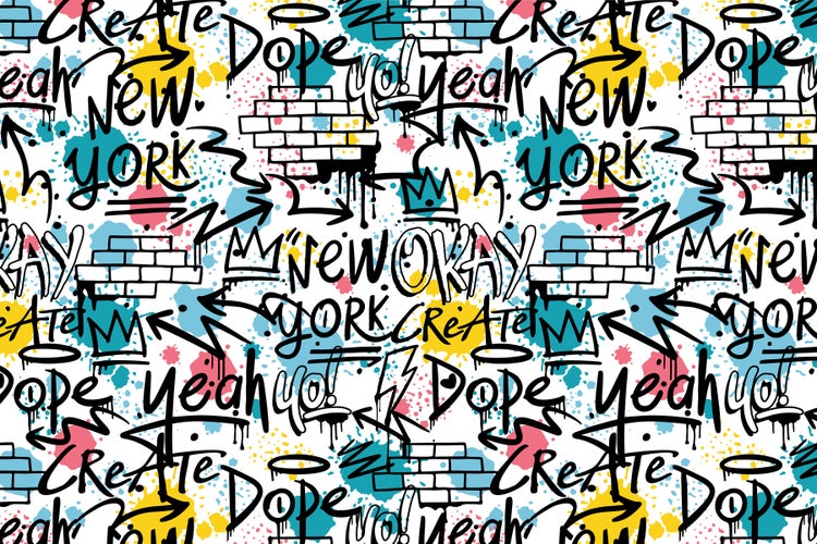 Grafisches Muster mit den Wörtern New York, Create, Dope, Yeah, Pfeilen und einer gemauerten Wand.