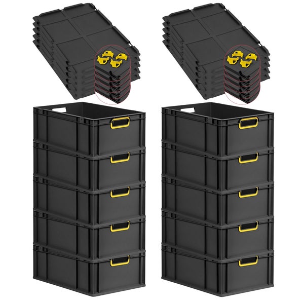 PROREGAL SparSet 10x Eurobox NextGen Color mit Auflagedeckel und Schiebeschnappverschlüsse, HxBxT 22x40x60cm, 44 Liter, Schwarz, Griffe gelb offen, Verstärkter Boden, Eurobehälter, Transportbox, Transportbehälter, Stapelbehälter