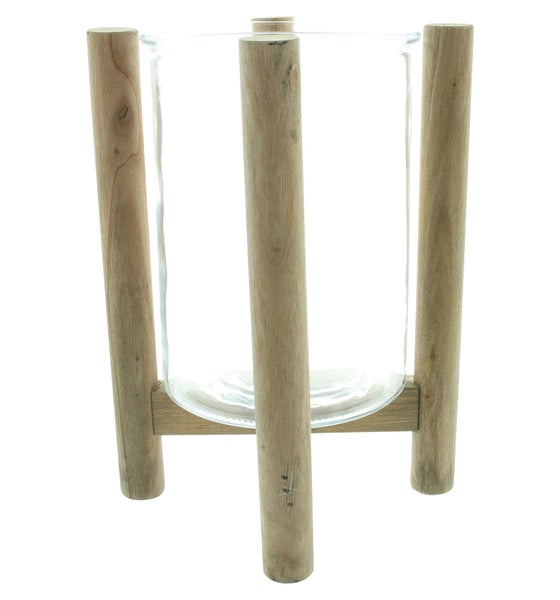 FRANK FLECHTWAREN | Windlicht Holzrahmen, GLAS, PAPPEL, 16 x 16 x 30 cm, Glas Ø 15 x 21 cm