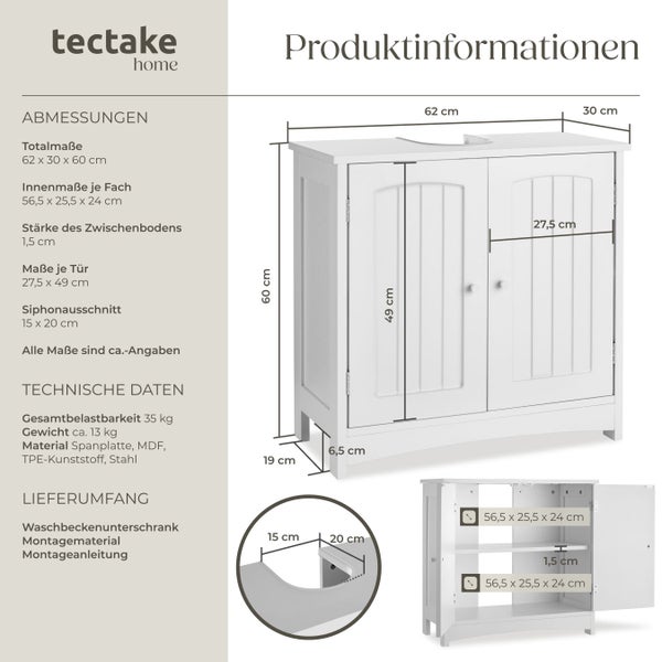 technische Zeichnung und Maßangaben für einen Tectake Waschbeckenunterschrank mit zwei Türen und Siphonausschnitt aus Spanplatte und MDF