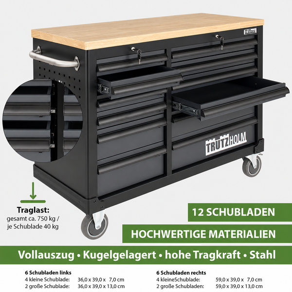 Trutzholm Werkstattwagen mit 12 kugelgelagerten Vollauszug-Schubladen, Massivholz-Arbeitsplatte und Rollen, Tragkraft circa 750 Kilogramm.