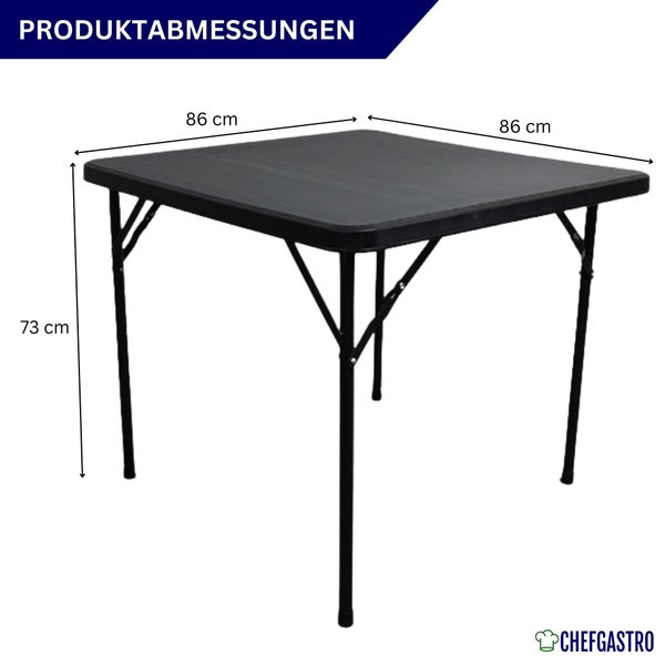 Schwarzer quadratischer Klapptisch, Breite 86 Zentimeter, Tiefe 86 Zentimeter, Höhe 73 Zentimeter. ChefGastro Logo.