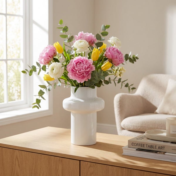 Ein Blumenstrauß mit Pfingstrosen, Tulpen und Eukalyptus in einer modernen, zylindrischen Vase auf einem Holztisch in einem hellen Wohnzimmer.