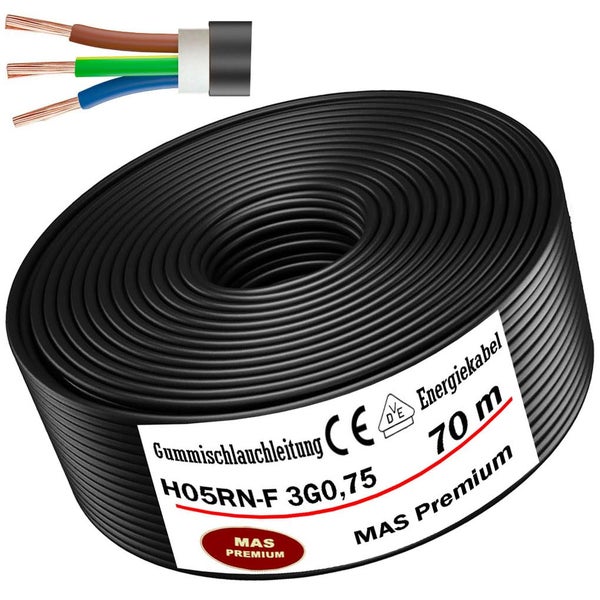 MAS Premium Gummischlauchleitung H05RN-F 3G0,75, 70 Meter Ring, mit Detailansicht der drei Kupferadern.