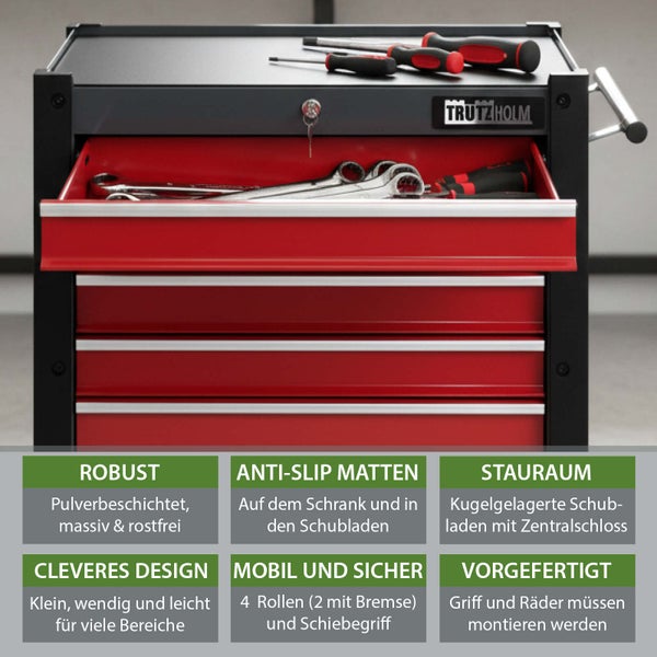Werkzeugwagen mit Werkzeugen und TrutzHolm Logo