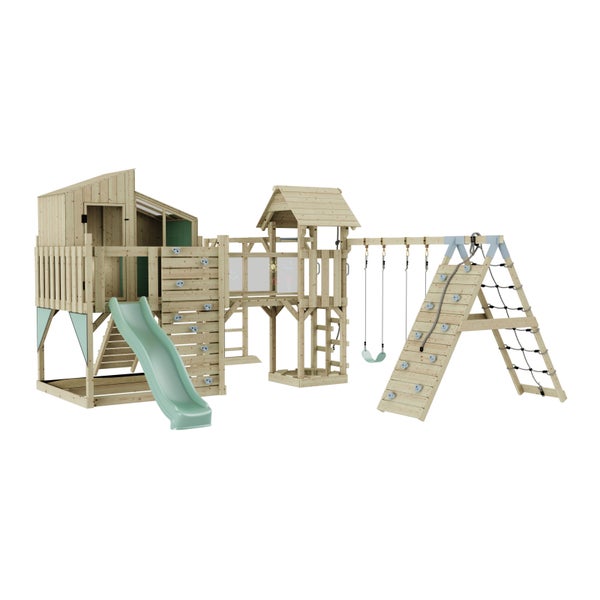 Holzspielplatz mit Rutsche, Schaukel und Kletterwand