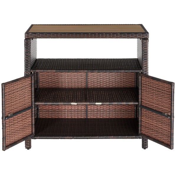 Gartenschrank aus Polyrattan mit zwei offenen Türen und drei Ablagefächern sowie einer Abstellfläche oben.