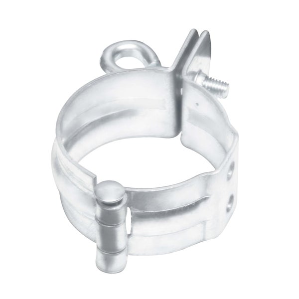 Rohrschelle aus Metall mit Gelenk, Spannschraube und Öse.