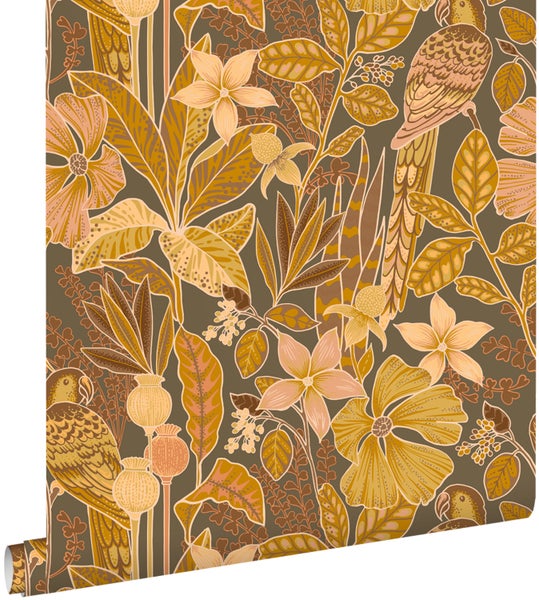 ESTAhome Tapete tropischen Blumen und Paradiesvögeln Terrakottabraun - 50 x 900 cm - 131159