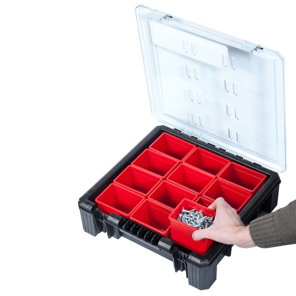PROREGAL Sortierkasten mit 12 herausnehmbaren Boxen | HxBxT 11x39x40cm | Schwarz/Rot