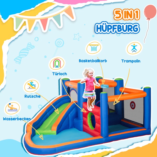 Outsunny Aufblasbare Hüpfburg Wasserpark mit Gebläse Hüpfburg mit Wasserrutsche Basketballkorb Aufblasbare Wasserspielcenter für Kinder ab 3 Jahren Trampolin Pool 380 x 340 x 170 cm