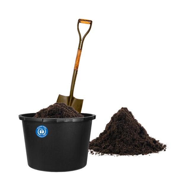 Schwarzer Pflanzkübel mit Seerosen und Blauer Engel Umweltzeichen