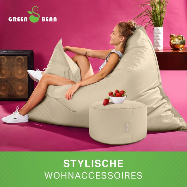 Green Bean 2er Set XXL Sitzsack inkl. Pouf fertig befüllt mit EPS-Perlen - Riesensitzsack 140x180 Lounge Sitz-Kissen Bean-Bag Chair  - Beige
