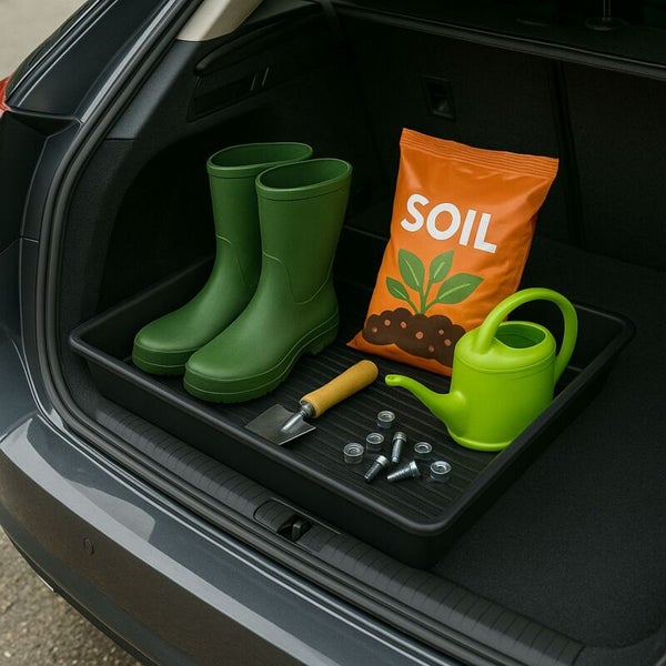 Kofferraumwanne im Auto mit Gummistiefeln, Blumenerde, Gießkanne und Gartenwerkzeug zum Schutz des Kofferraums vor Schmutz.