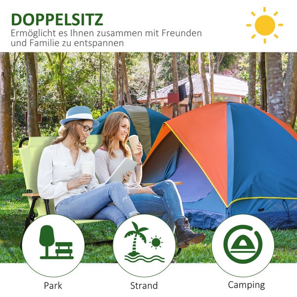 Outsunny Campingstuhl 2-Sitzer klappbar tragbar Gartenstuhl Regiestuhl Klappstuhl mit Getränkehalter für Outdoor Picknick Wandern max. Belastung 160 kg Hellgrün 114 x 67 x 80 cm