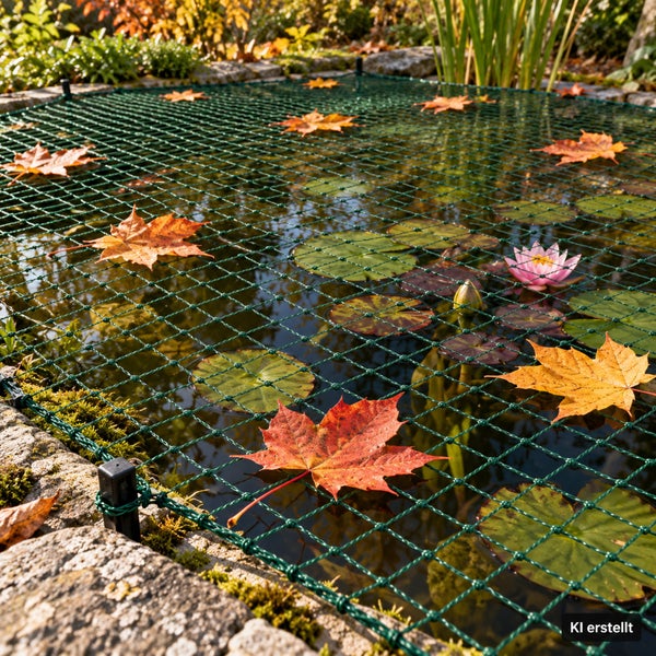 Teichnetz über einem Gartenteich mit Seerosen und herbstlichen Laubblättern zur Laubabwehr.