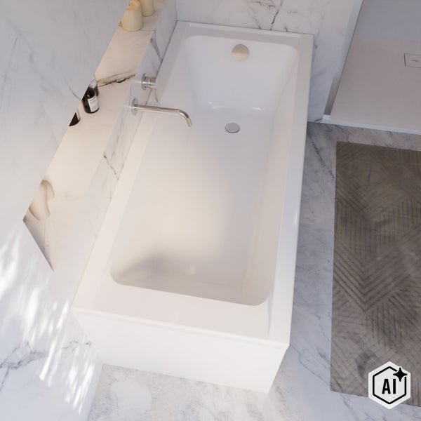 Moderne rechteckige Badewanne in einem Badezimmer mit Marmorfliesen, Wandarmatur und strukturierter Bodenmatte in der Draufsicht.