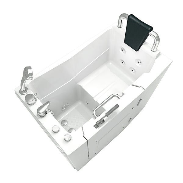 Weiße Sitzbadewanne mit Einstiegstür, Whirlpool-Funktion, schwarzer Kopfstütze und Armaturen.