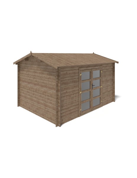 Gartenhaus aus Holz mit Satteldach und einer Doppeltür mit Fenstern.