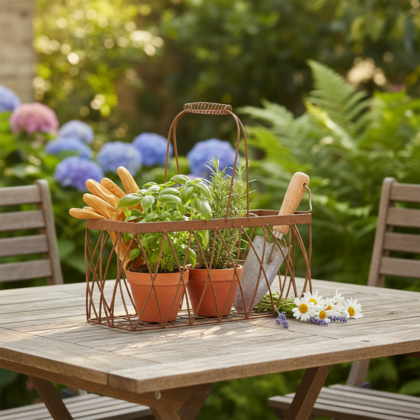 Drahtkorb mit Kräutertöpfen, Gartenhandschuhen und einer Schaufel auf einem Holztisch im Garten.