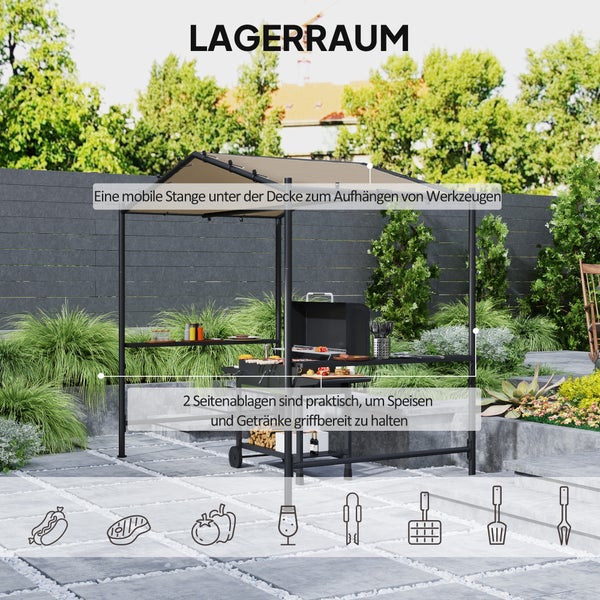 Outsunny Grillpavillon 277 x 149 x 230 cm wasserdicht flammhemmend Gartenpavillon mit Seitenregalen, Gartenlauben mit UV-Schutz, BBQ Pavillon aus Stahl, Gartenzelt Grillzelt für Party BBQ, Khaki