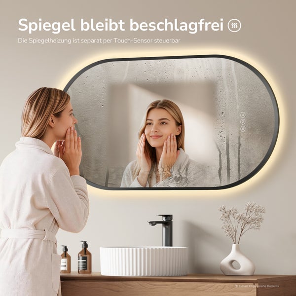 Ovaler Badezimmerspiegel mit LED Beleuchtung und integrierter Spiegelheizung zur Vermeidung von Beschlag, gesteuert per Touch Sensor.