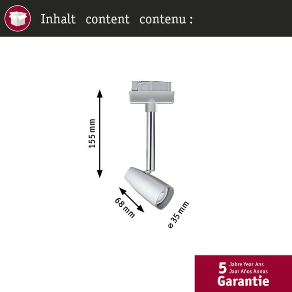 Strahler für Schienensystem mit Maßen: Höhe 155 Millimeter, Länge 68 Millimeter, Durchmesser 35 Millimeter. Mit 5 Jahren Garantie.