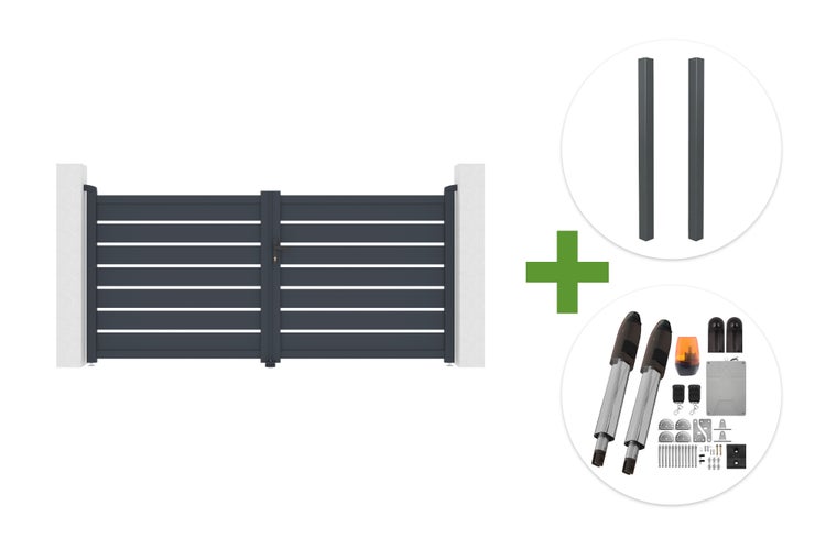 Zweiflügeliges Einfahrtstor mit waagerechten Lamellen inklusive zwei Torpfosten und elektrischem Drehtorantrieb Set.