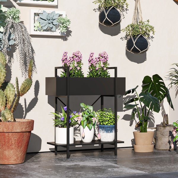 Outsunny 2-Etagen Pflanzenständer, Blumenständer für Innen Außen, Pflanzenregal aus Metall, mehrstöckig Blumenregal, 70 cm hoch Blumentreppe für Wohnzimmer, Garten Balkon Deko, Schwarz