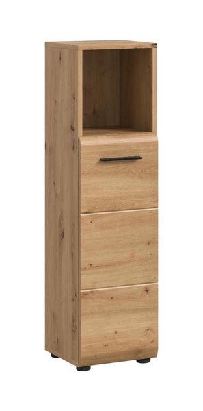 Hochschrank in Eichenoptik mit einem offenen Fach und einer Tür mit schwarzem Griff.