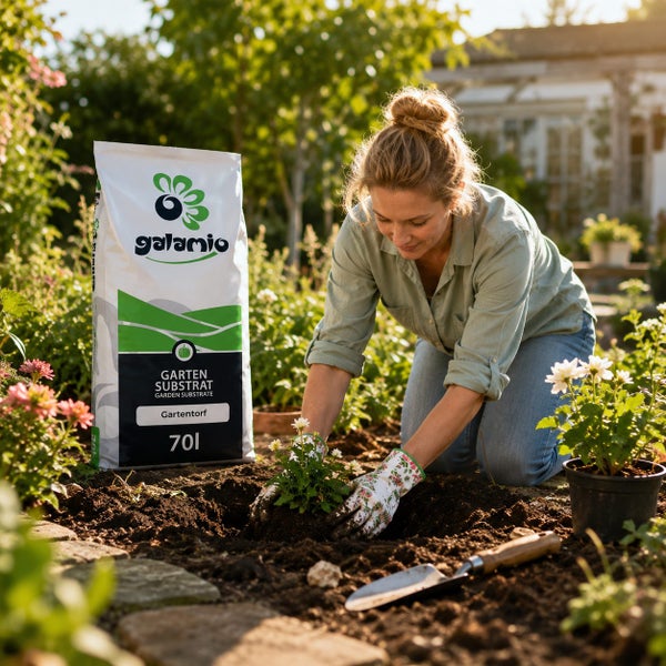 Eine Frau pflanzt in einem sonnigen Garten eine Blume neben einem 70 Liter Sack Galamio Gartensubstrat Gartentorf.