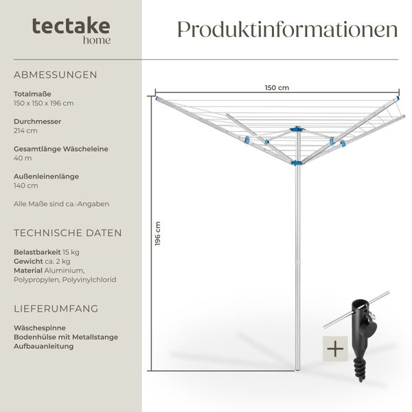 tectake home Logo. Produktinformationen zur Wäschespinne, Maße 150 mal 150 mal 196 Zentimeter, 40 Meter Leinenlänge und technische Daten.
