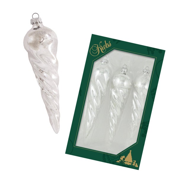 Silber glänzende 15cm Eiszapfen aus Glas mundgeblasen, verdreht mit weißem Glitter, handdekoriert, 3 Stck., Weihnachtsbaumkugeln, Christbaumschmuck, Weihnachtsbaumanhänger