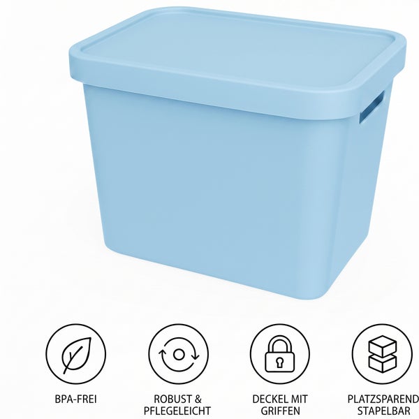 Kunststoff Aufbewahrungsbox mit Deckel und Tragegriffen, robust und stapelbar, BPA frei.