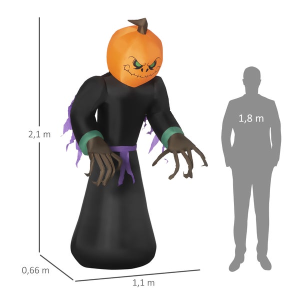HOMCOM Halloween-Kürbis mit 2 LED-Lichtern, L110 x B66 x H210 cm, Polyestergewebe, Orange und Schwarz
