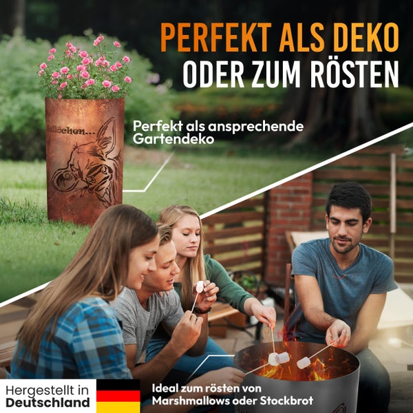 Szene mit Gartenfackel zur Dekoration und zum Marshmallow rösten, mit Blumenschmuck und Personen