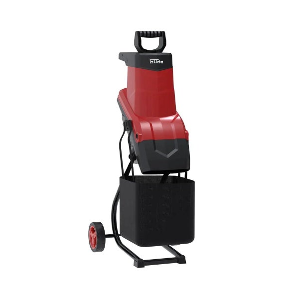 Güde Messerhäcksler in Rot und Schwarz mit Fangkorb und Rädern.