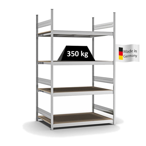 PROREGAL Weitspannregal Stecksystem T-Profil Grundregal HxBxT 250x150x80 cm 4 Ebenen Spanplatten Fachboden Fachlast 350 kg Verzinkt