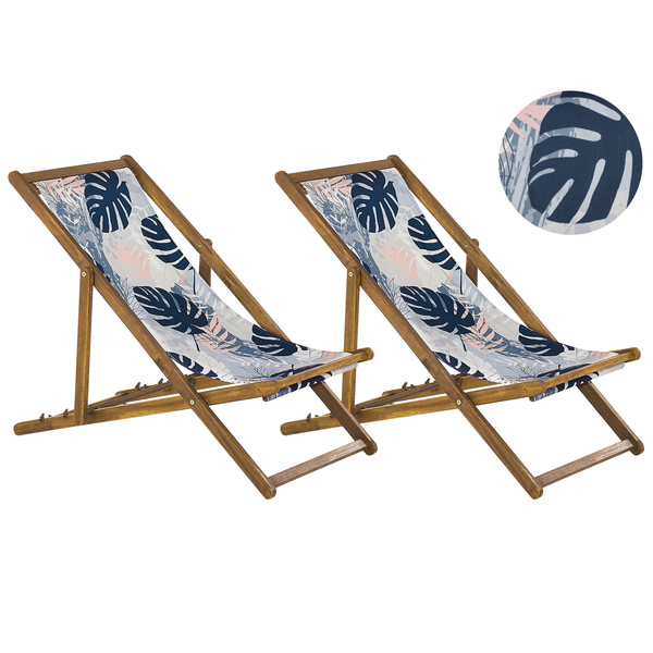 Set mit 2 klappbaren Liegestühlen ANZIO mit Ersatzstoffen Blumenmuster Akazienholz Hellbraun
