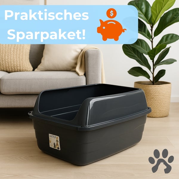 Katzenklo Sparpaket vor Sofa und Zimmerpflanze